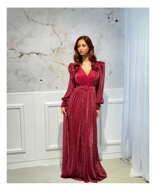 Jurk Rood Glitter - Bordeaux Galajurk Lange Mouwen