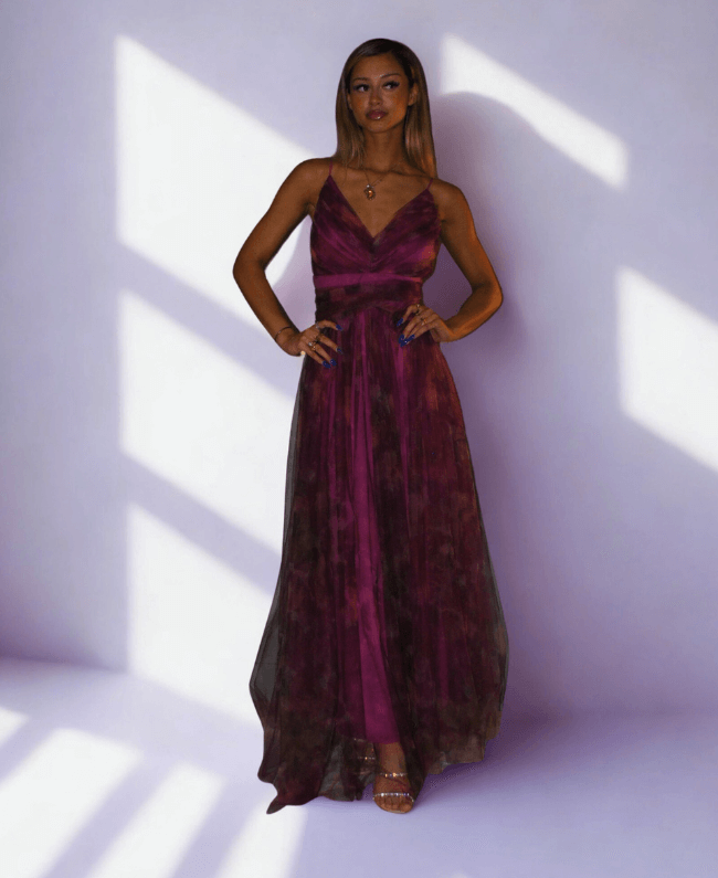 Cyclaam galajurk met bloemendetails - zijkant detail
