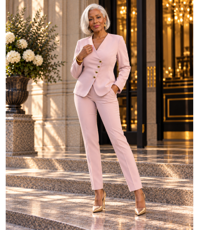 Nicoletta roze damescolbert met gouden knopen, elegant kort jasje van Donna Colori Rotterdam
